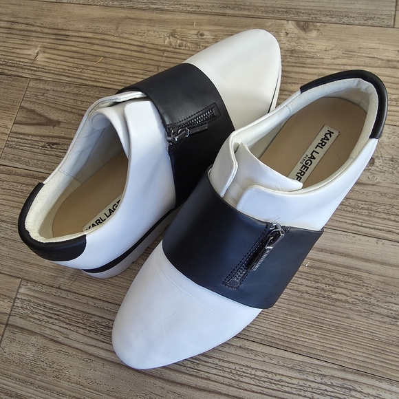 Karl Lagerfeld Paris Women's White Leather Slip-On Shoes with Black Strap 7.5 - Picture 5 of 8